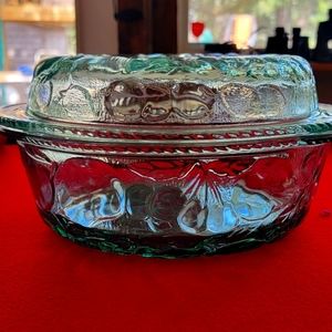 Libbey Orchard Fruit Green Glass 3 in 1 Casserole Baking Dish W/ Pie Plate Lid